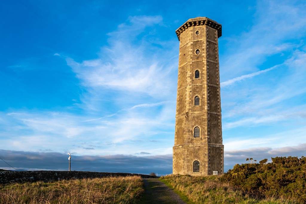 Wicklow Head Lighthouse rising above a grassy headland with blue skies in County Wicklow.
