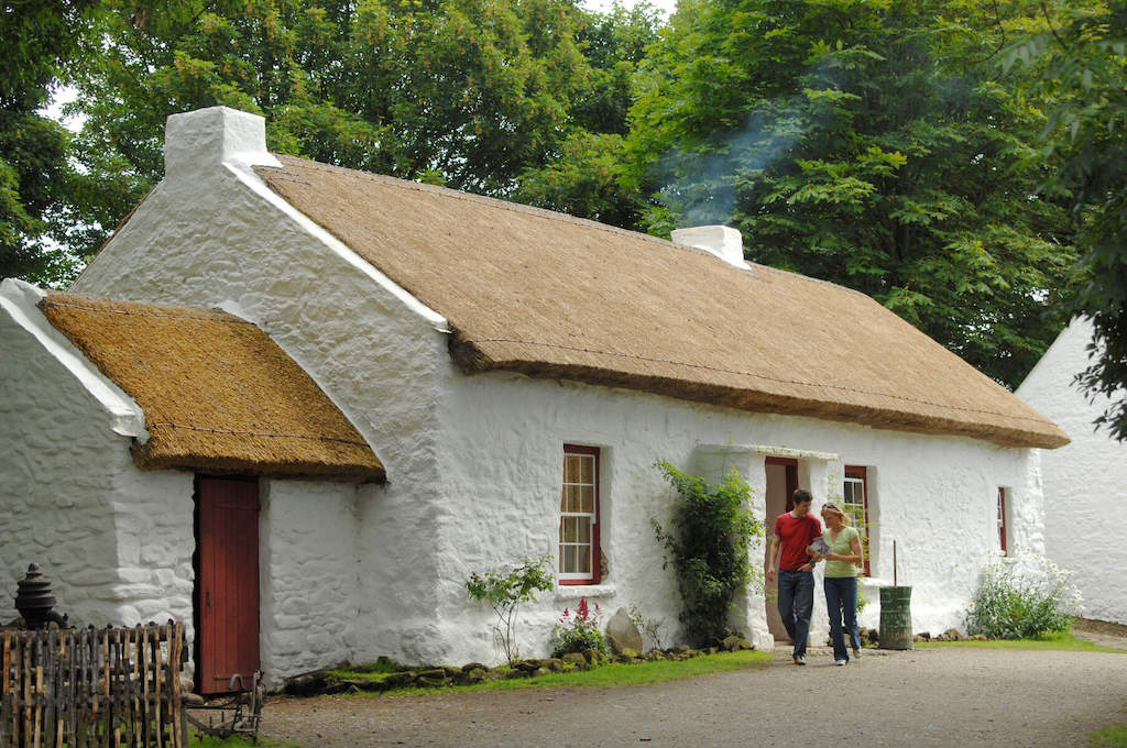 Traditional whitewashed thatched cottage at the Ulster Folk Museum in Northern Ireland.