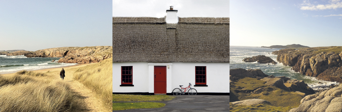 Triptych of Donegal Thatched Cottages with beach walk, thatched cottage, and rocky coast.