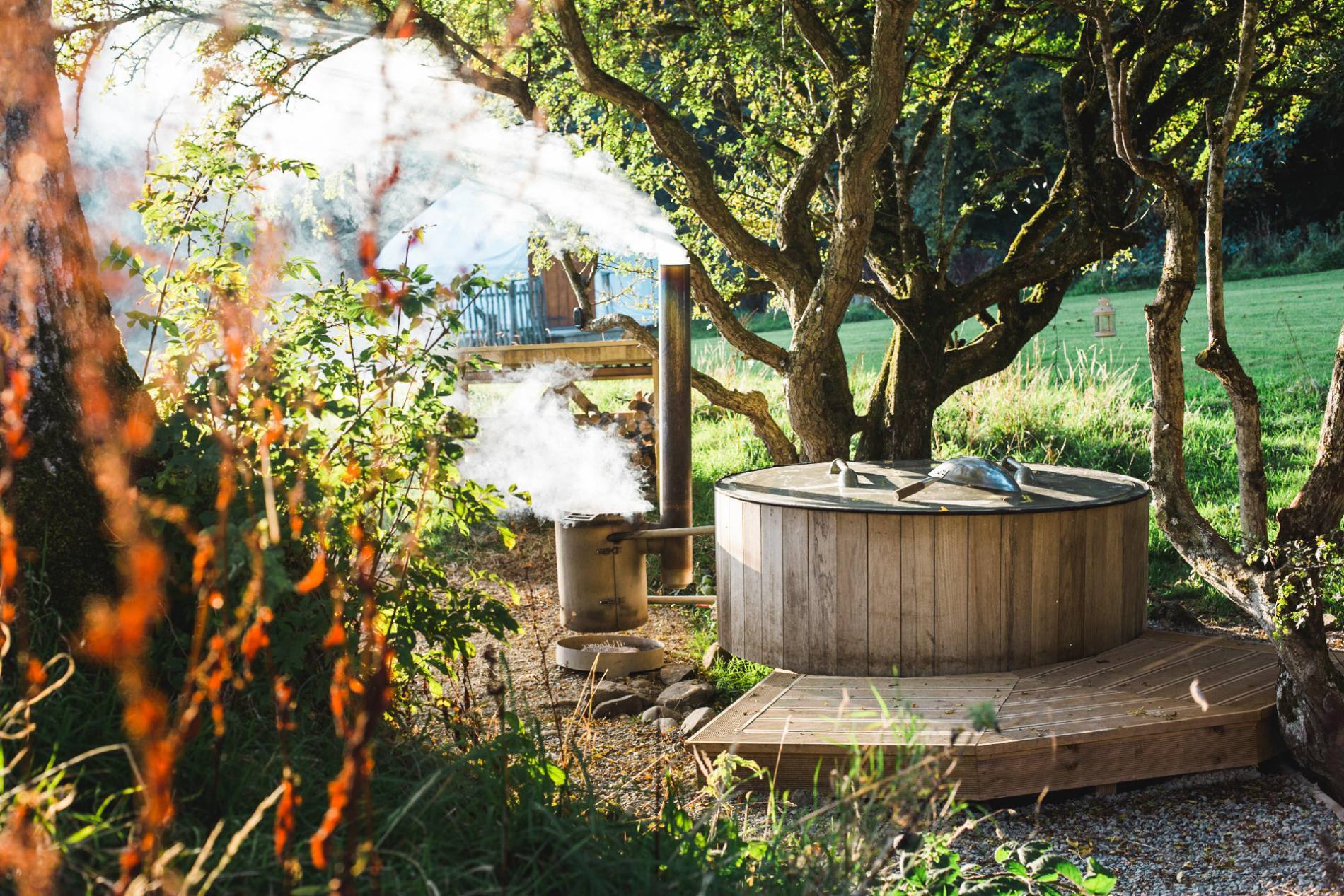 Steam rising from a wood-fired hot tub surrounded by trees and greenery in Ireland’s Ancient East.