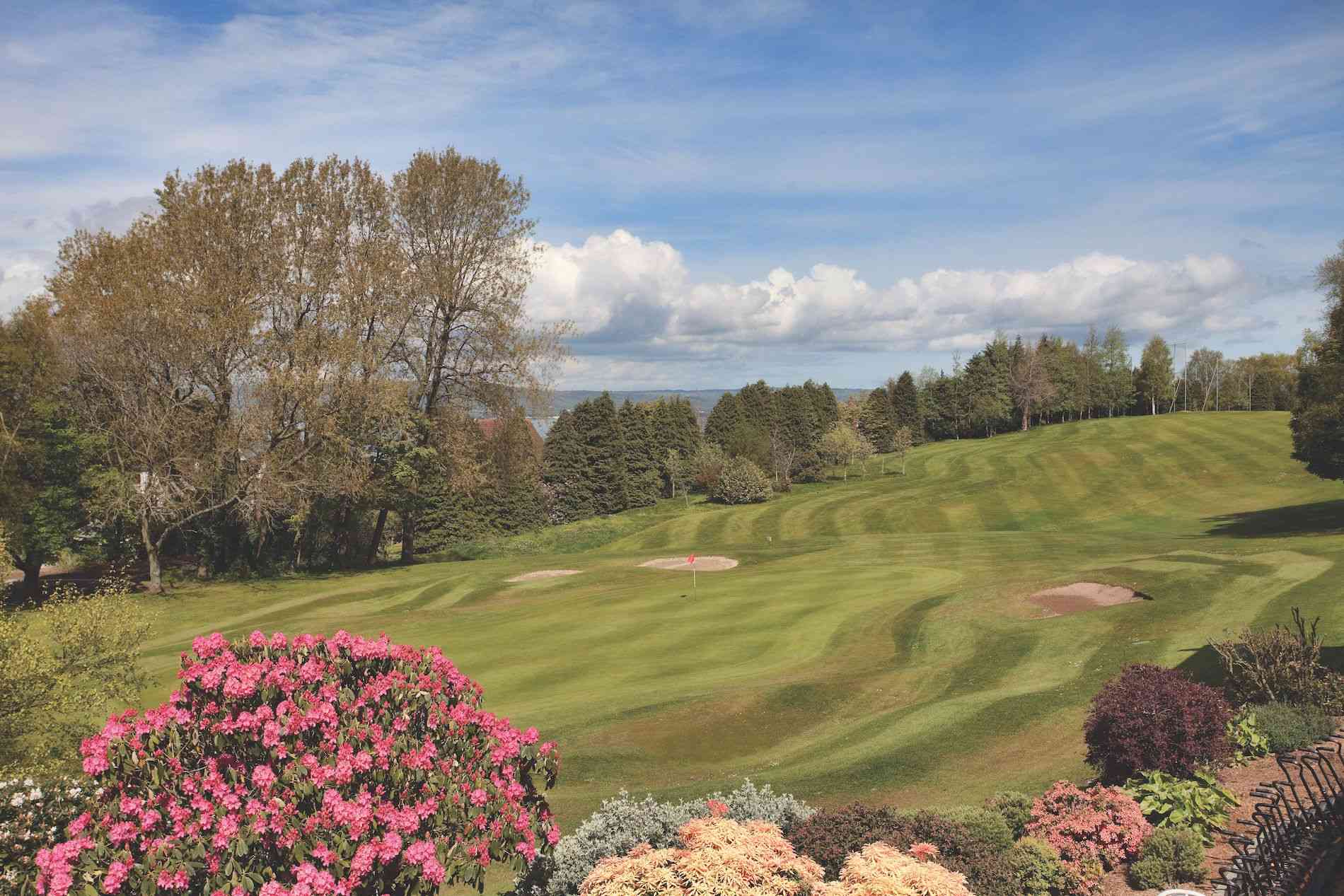 Golf green with sand bunkers and trees at Holywood Golf Club, County Down, framed by flowering shrubs.