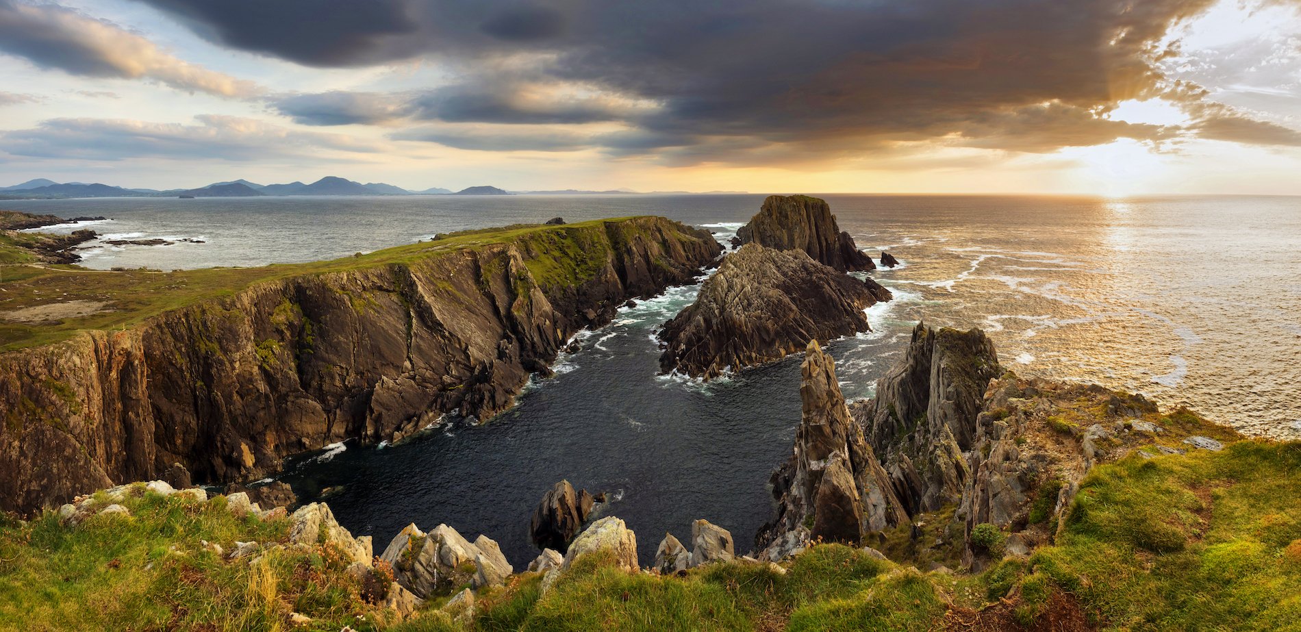 Dramatic rocky cliffs and headlands on the Dingle Peninsula, featured in Star Wars: The Last Jedi filming.