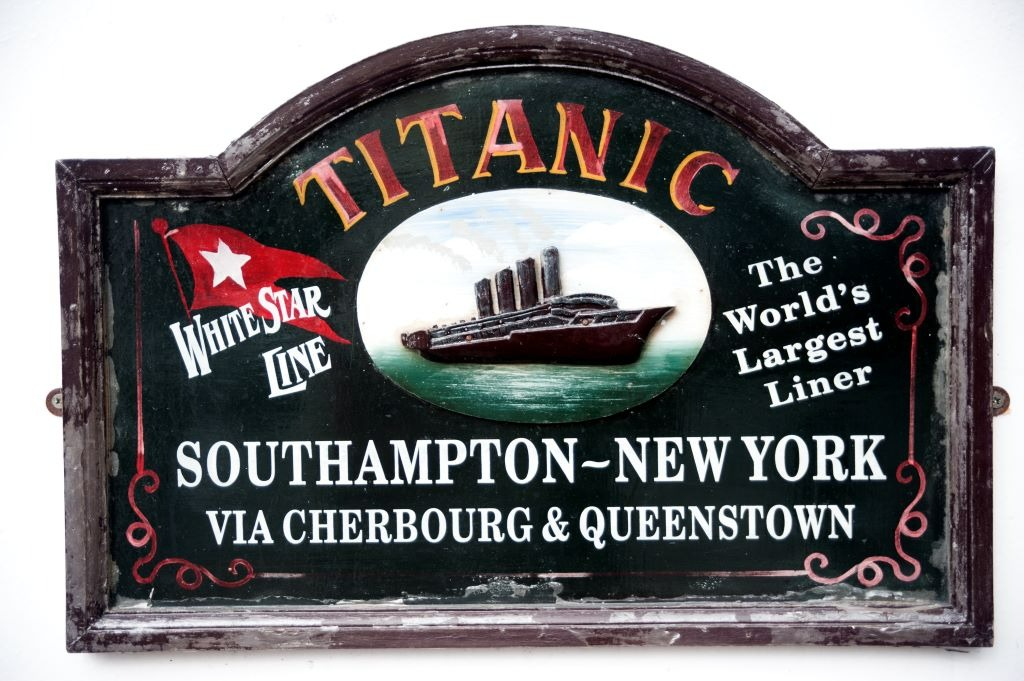 Vintage White Star Line sign advertising Titanic’s Southampton to New York route via Cherbourg and Queenstown.