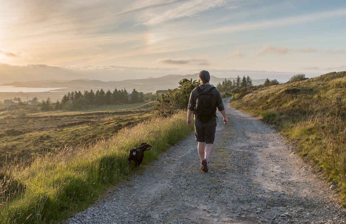 Walker with a dog on a rural trail near Gweedore at sunset, overlooking the Atlantic coastline.