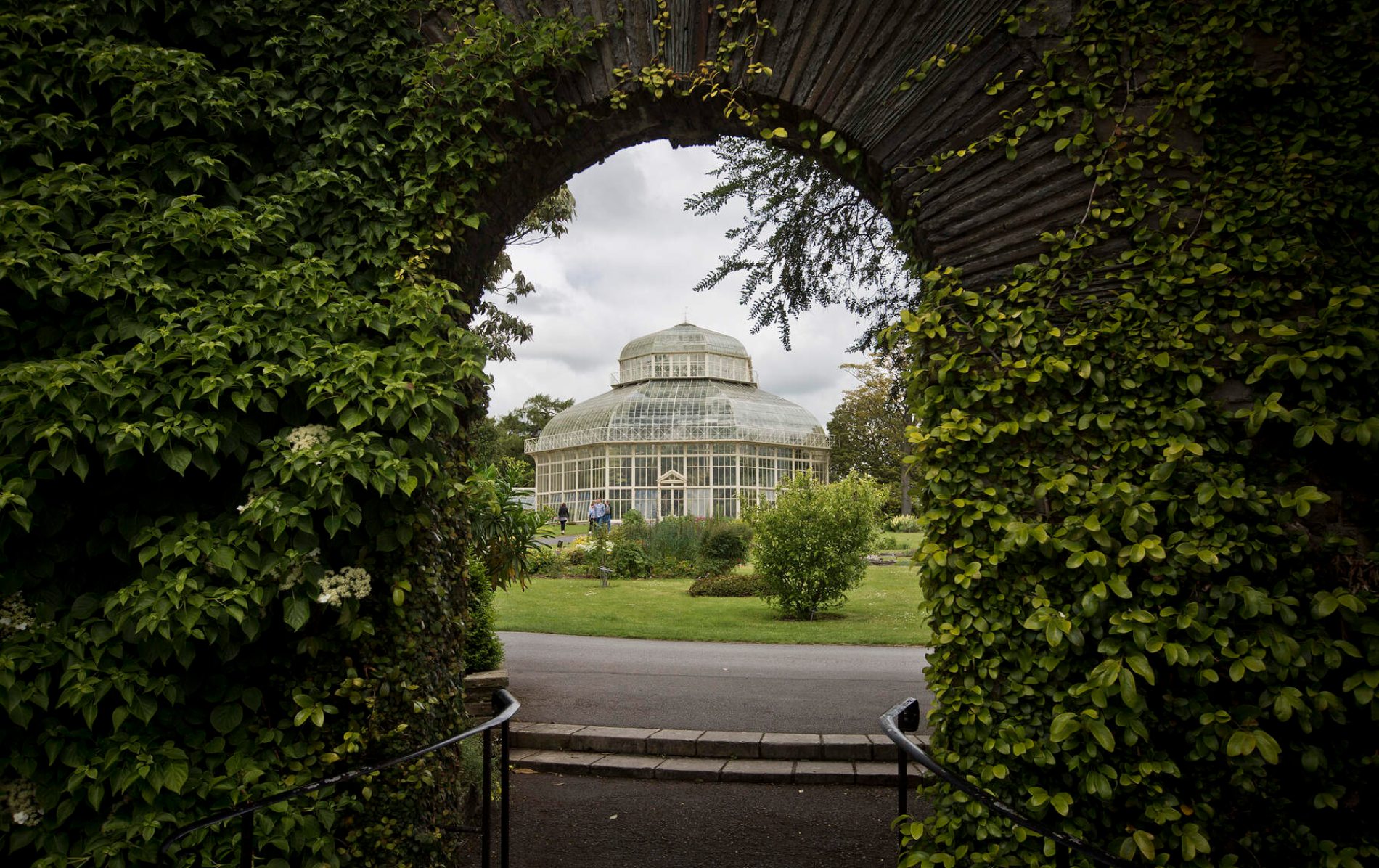 Palm House glasshouse framed by ivy-covered arch in Belfast’s Botanic Gardens.