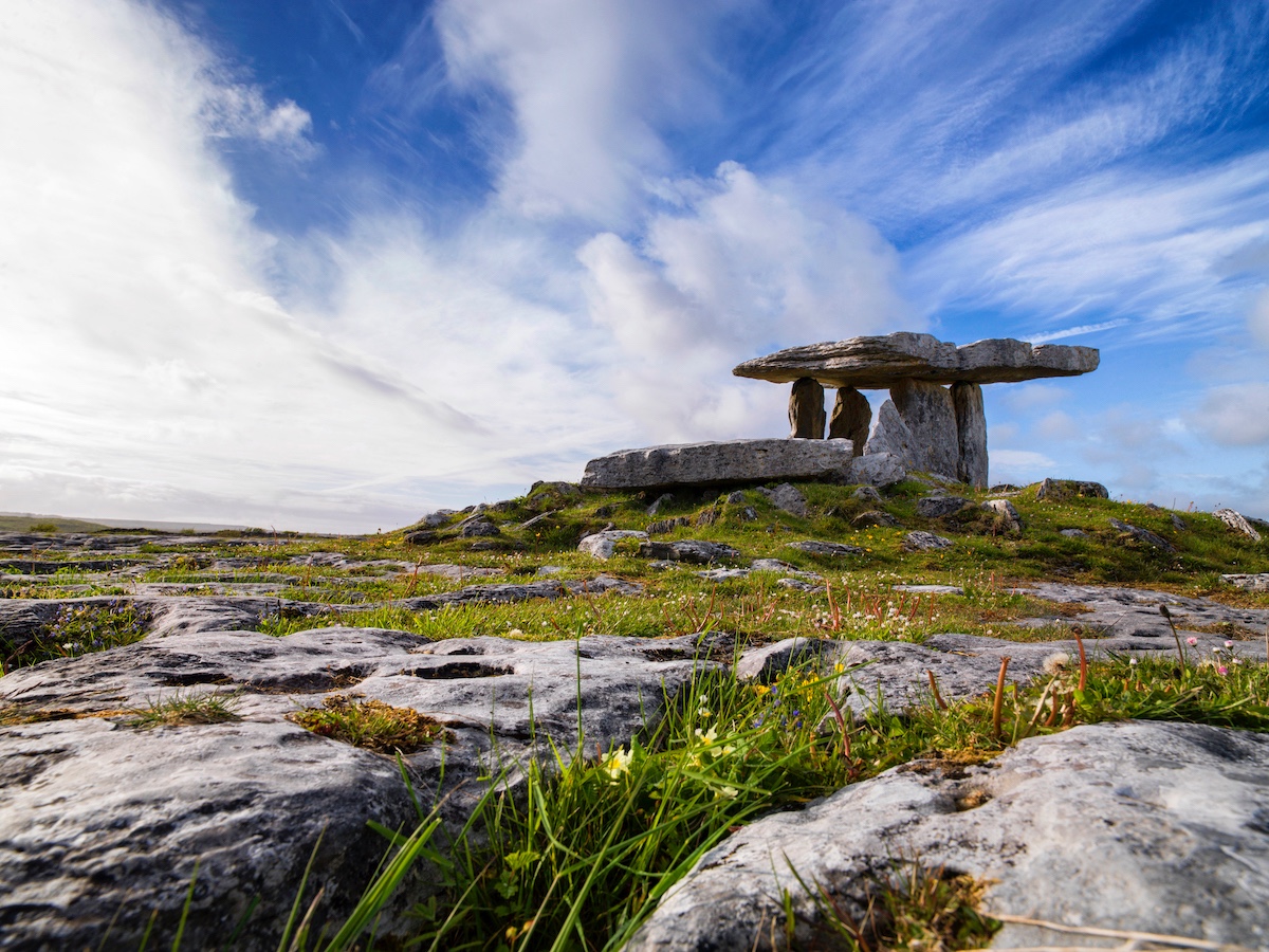 Neolithic Poulnabrone Dolmen stands on limestone pavement in the Burren, County Clare.