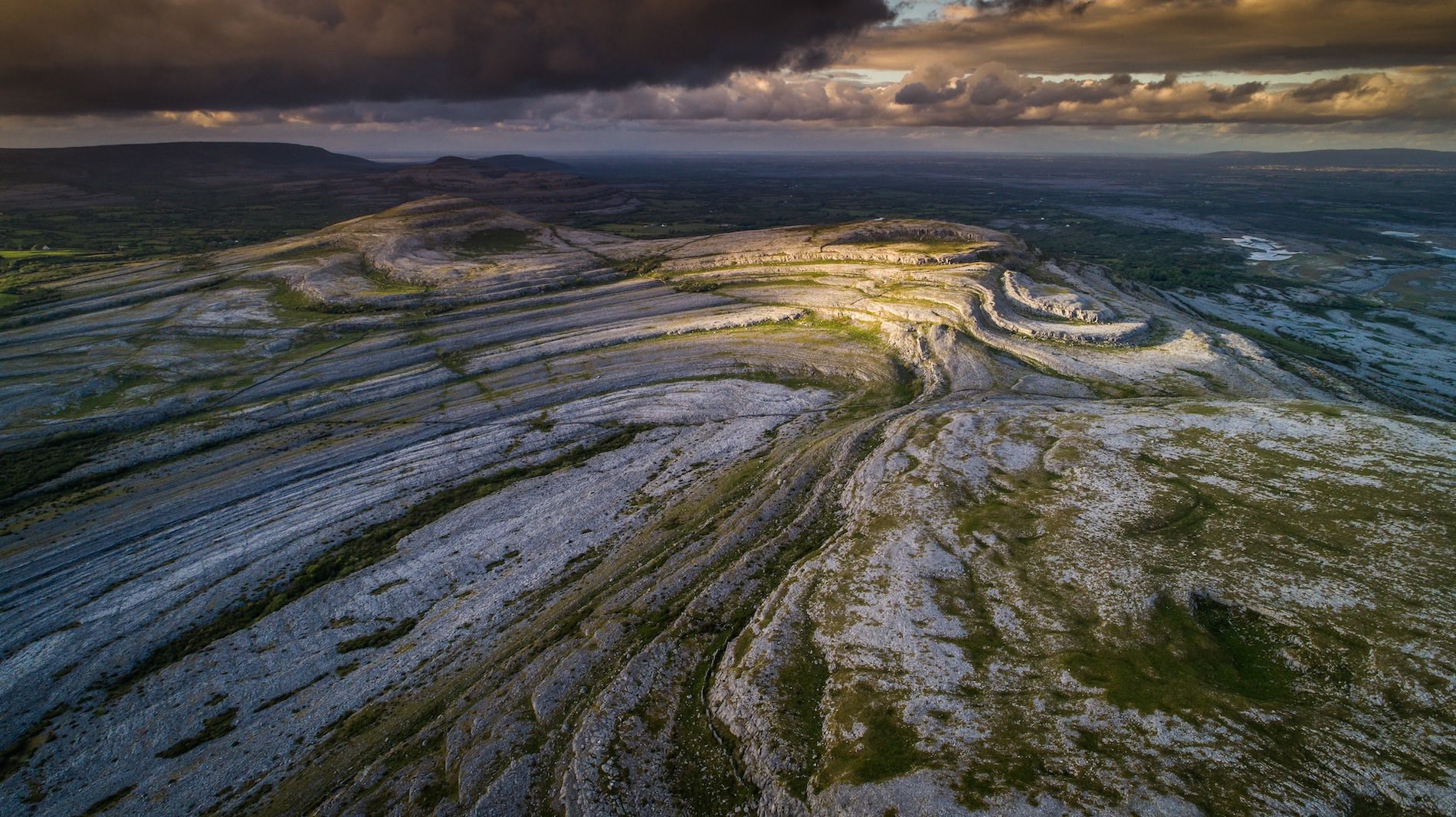 Aerial view of terraced limestone in the Burren, County Clare, said to inspire Tolkien’s fantasy world.