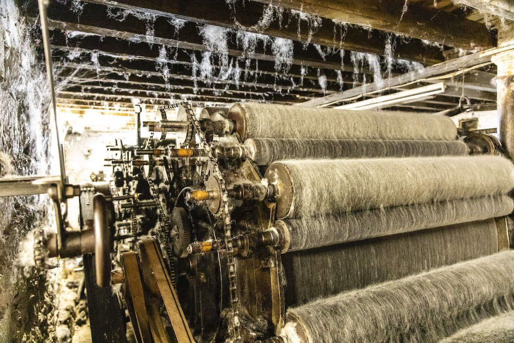 Historic machinery processing wool at Cushendale Woollen Mills in County Kilkenny.