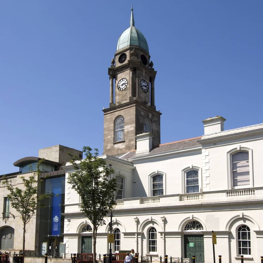 Irish Linen Centre and Lisburn Museum with clock tower and Georgian architecture in Lisburn city centre.