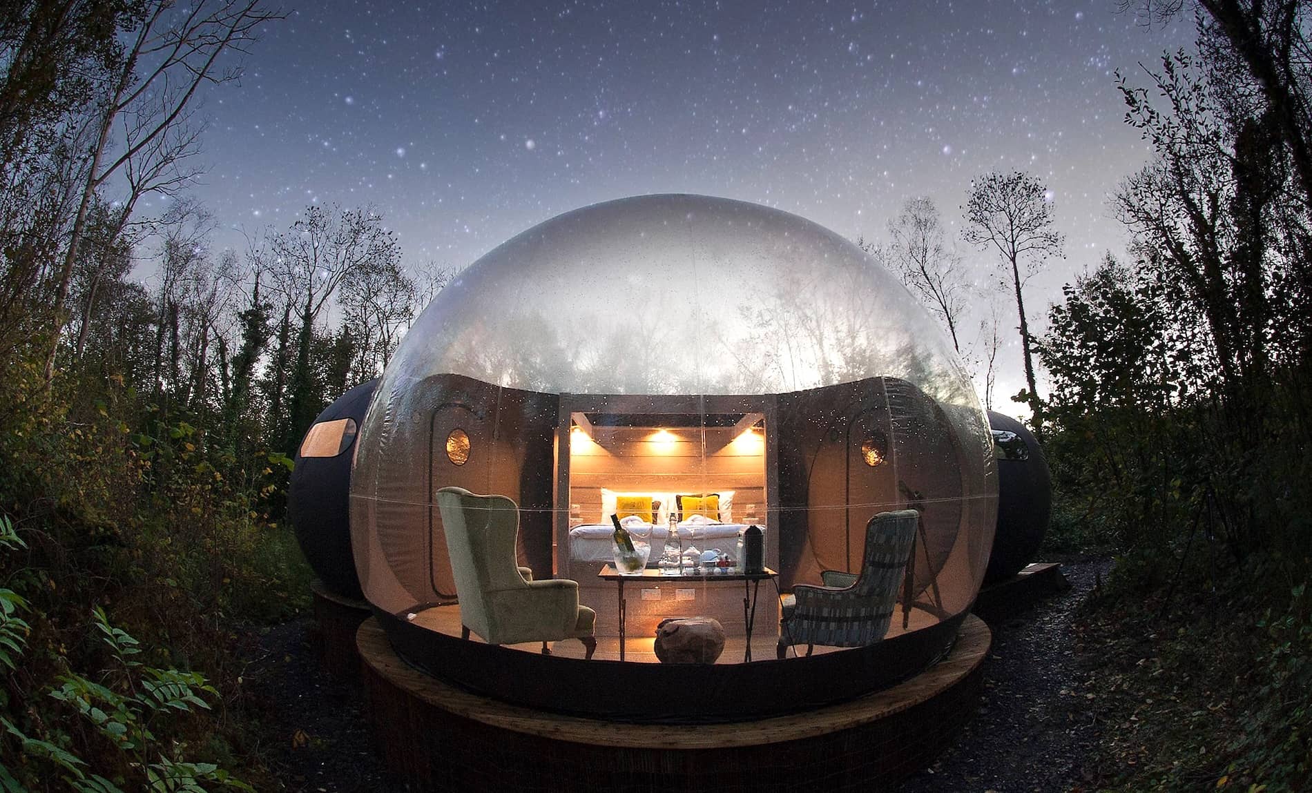 Luxury bubble dome accommodation beneath a star-filled sky at Finn Lough, County Fermanagh.
