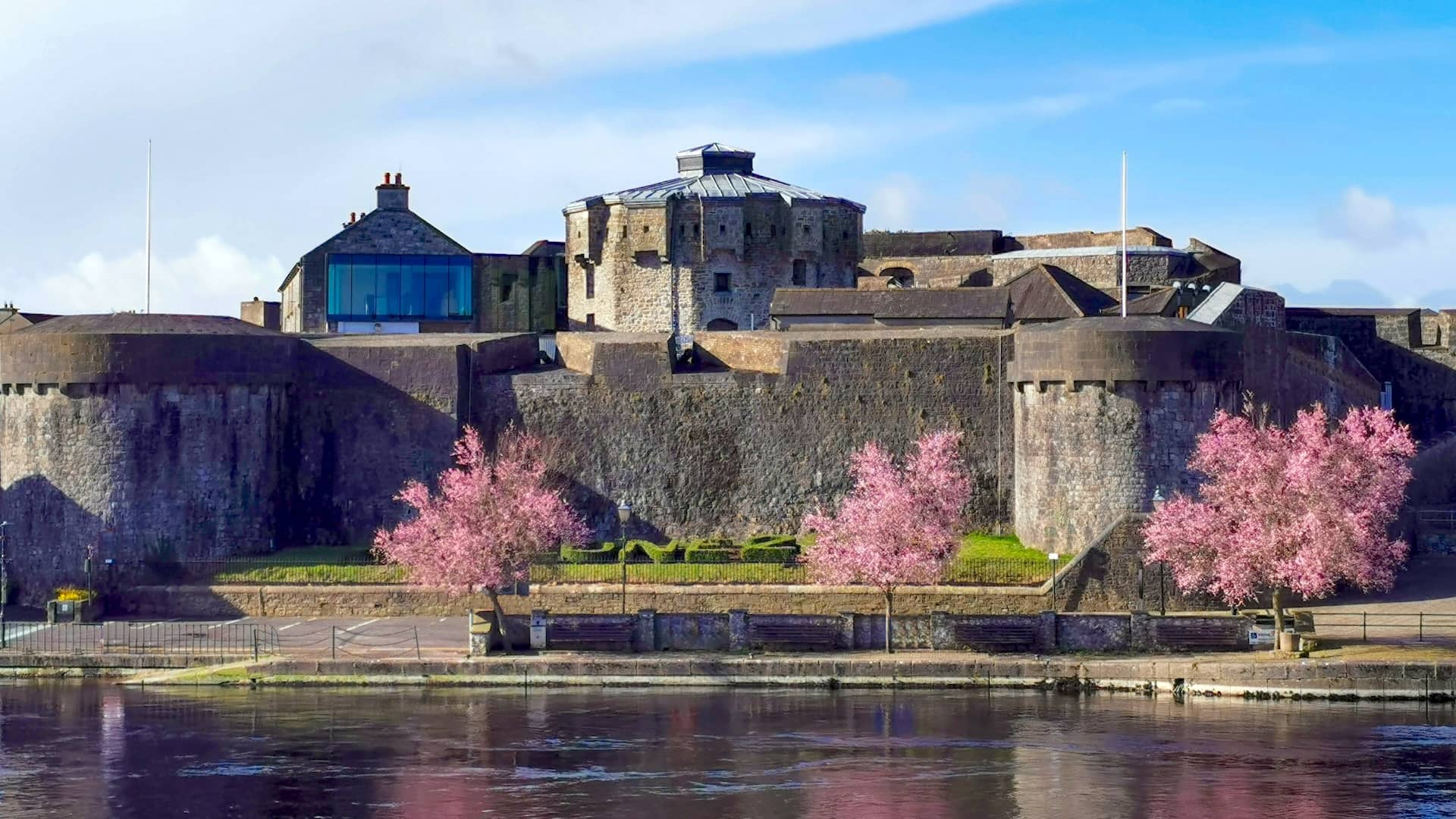 Athlone Castle in County Westmeath, with pink blossom trees reflected in the River Shannon on a bright spring day.