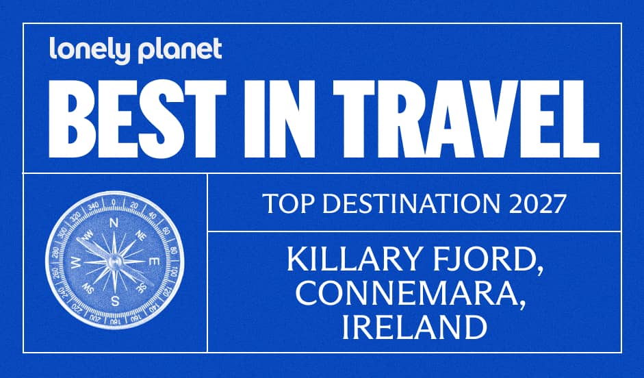 Lonely Planet Best in Travel badge naming Connemara and Killary Harbour, Ireland, a Top Destination for 2027.