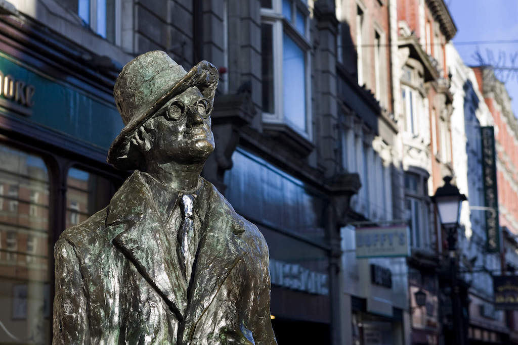 James Joyce statue on North Earl Street, Dublin, with shops in the background.
