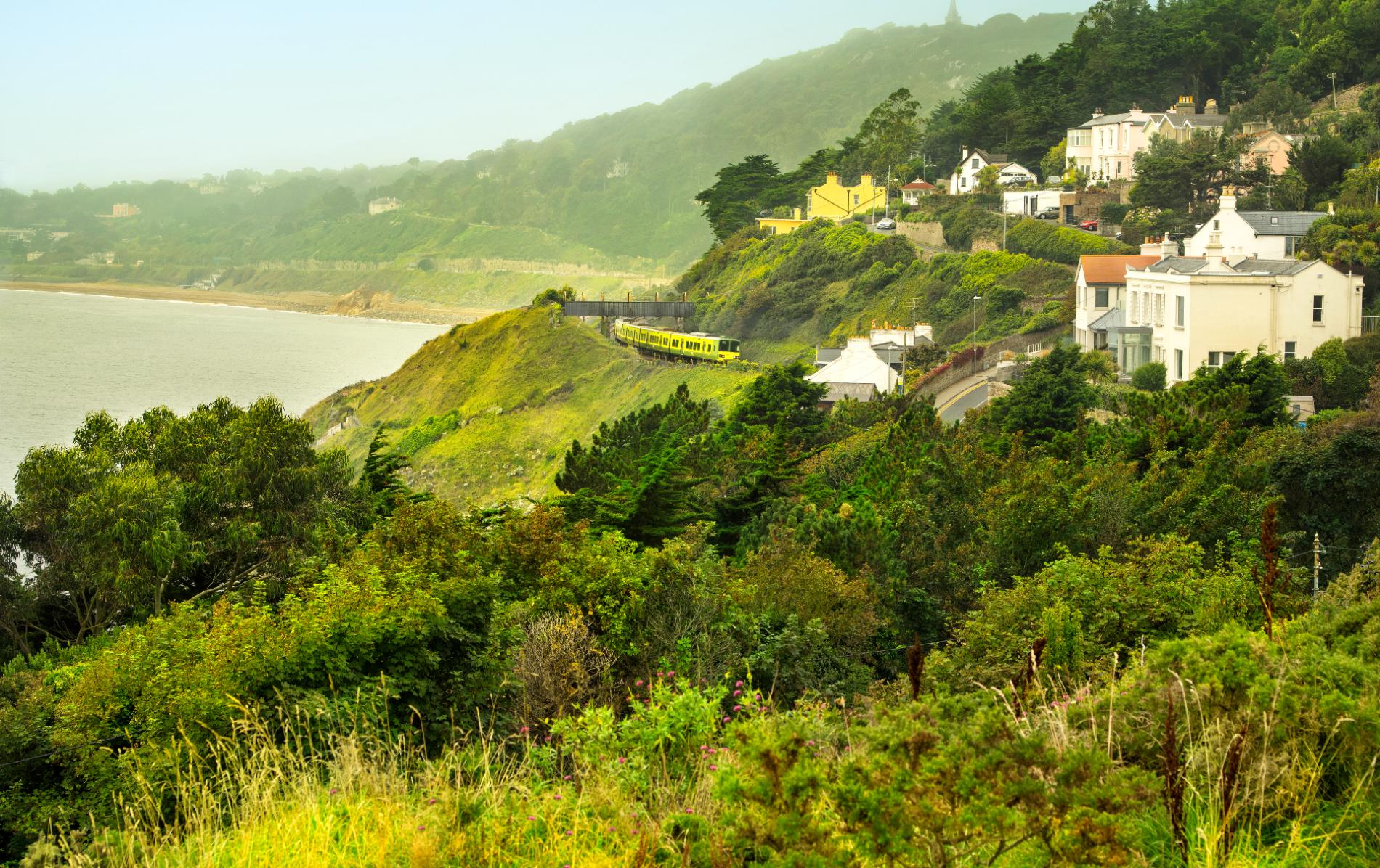DART train passing along the coast near Killiney with houses overlooking Dublin Bay.