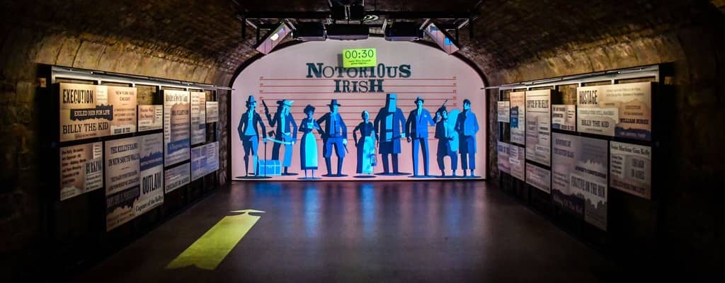 Exhibit tunnel at EPIC The Irish Emigration Museum in Dublin featuring the Notorious Irish display.