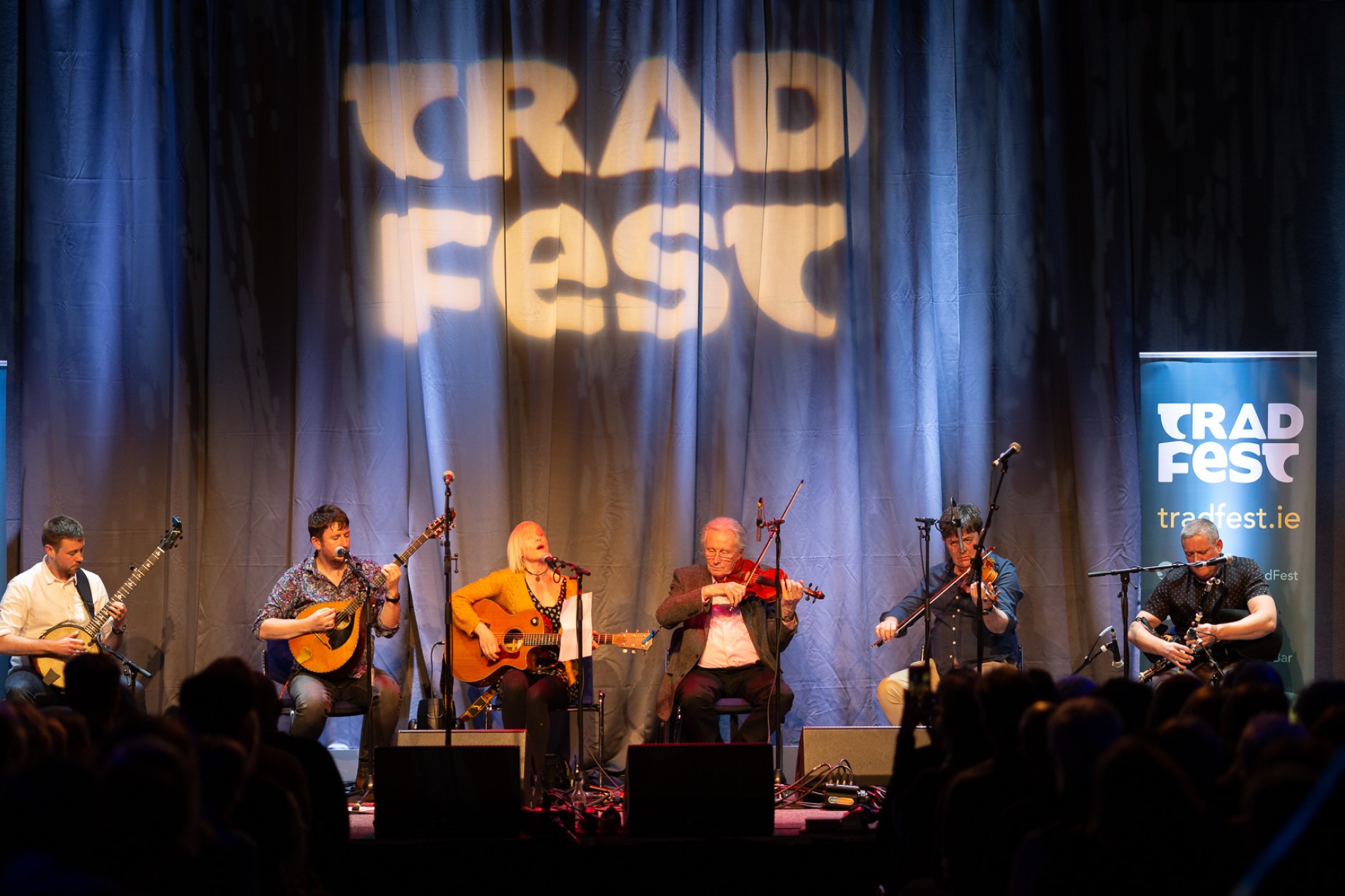Musicians performing on stage at TradFest in Dublin, playing traditional Irish music before a live audience.