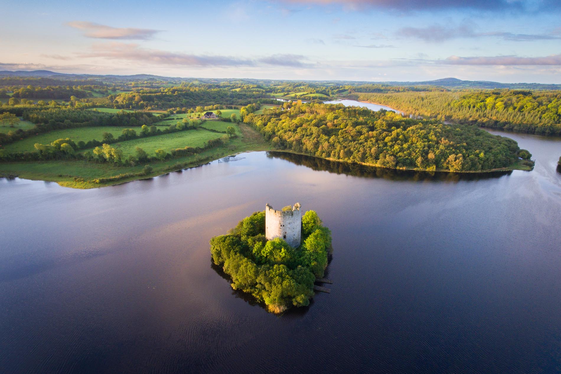 Aerial view of the round tower ruins of Cloughoughter Castle in Lough Oughter, County Cavan.