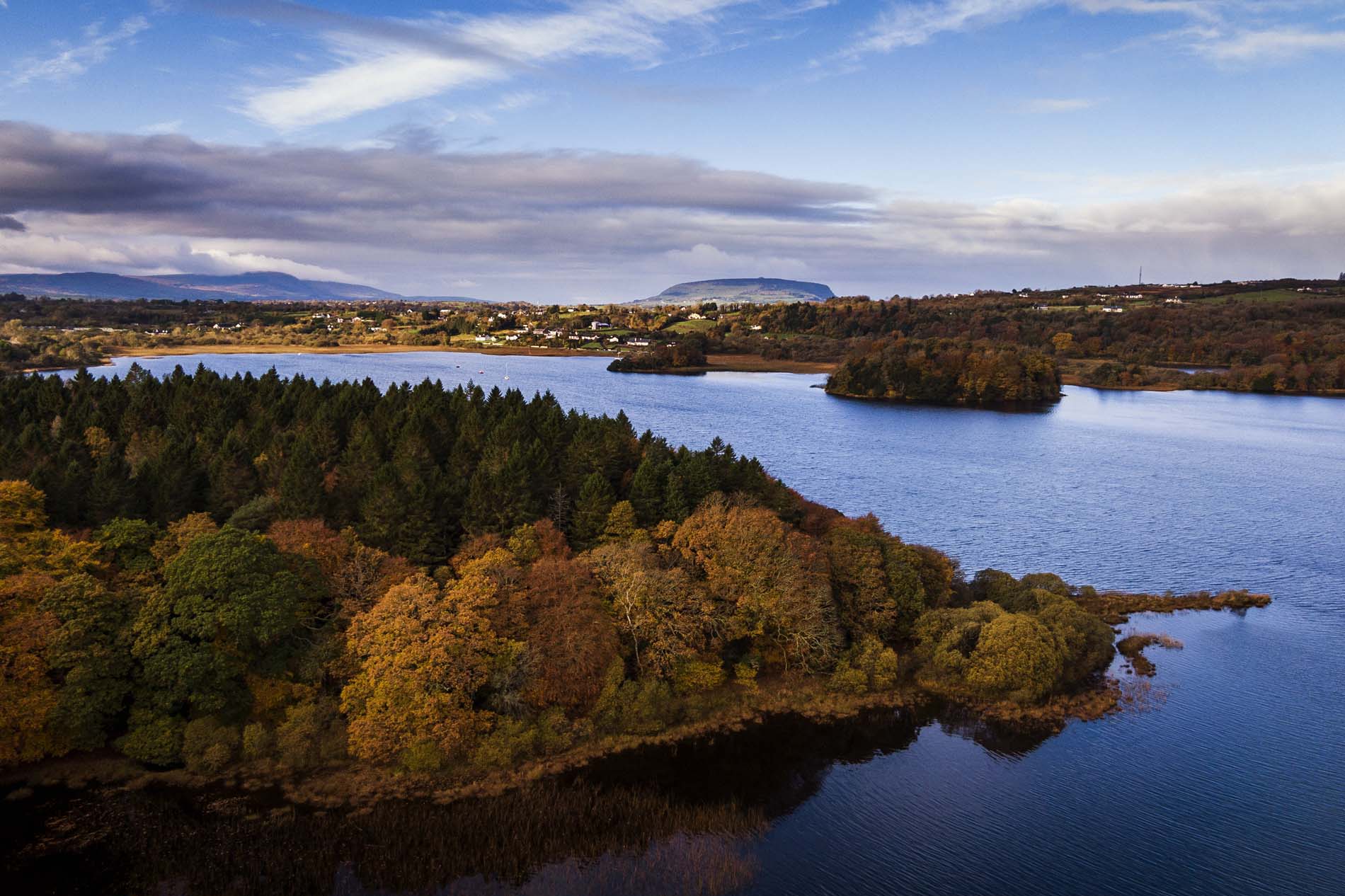 Autumn trees and lakeside woodland at Lough Gill in County Sligo, Ireland, with mountains in the distance.