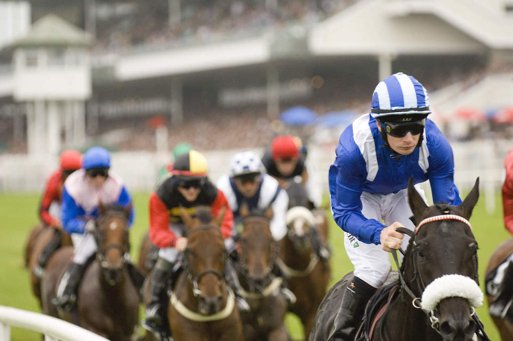 Jockeys compete in a fast-paced race at Galway Races, with the leading rider in blue silks.