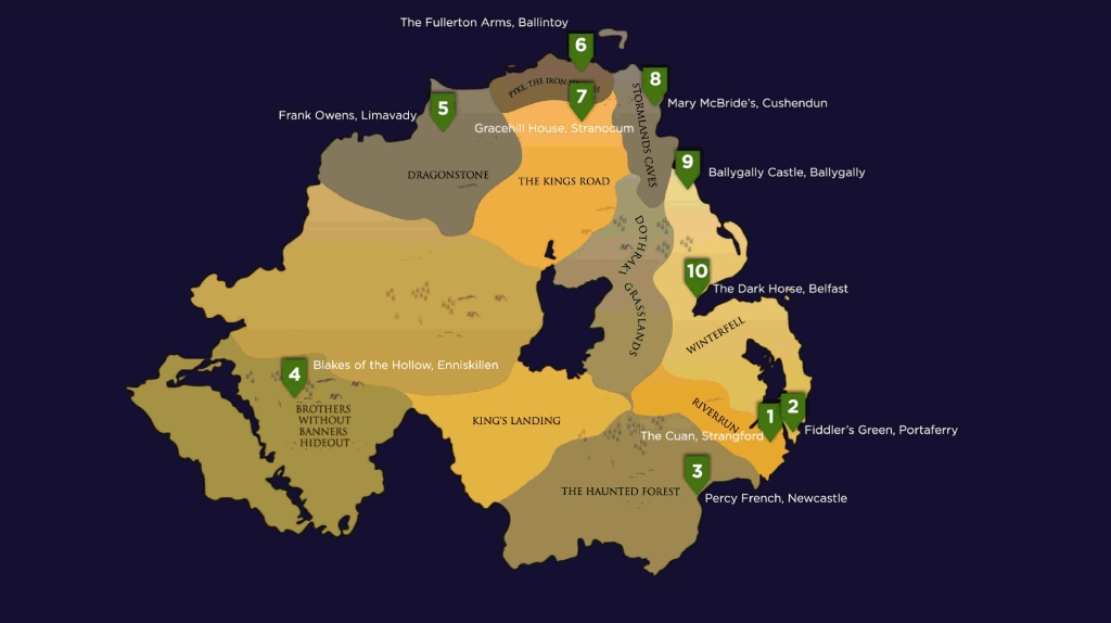 Map of Northern Ireland marking ten Game of Thrones® filming locations and pub doors across the region.