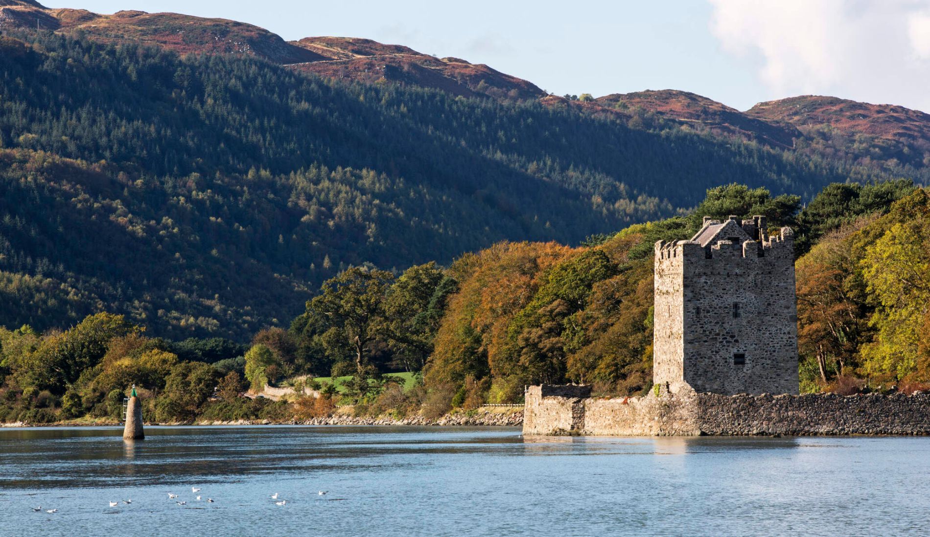 Stone tower of Narrow Water Castle beside a forested mountain in County Down, Northern Ireland.