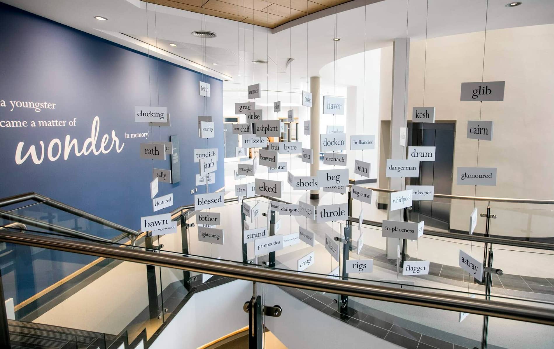 Installation of floating words and quotes at Seamus Heaney HomePlace literary centre in Bellaghy, County Londonderry.