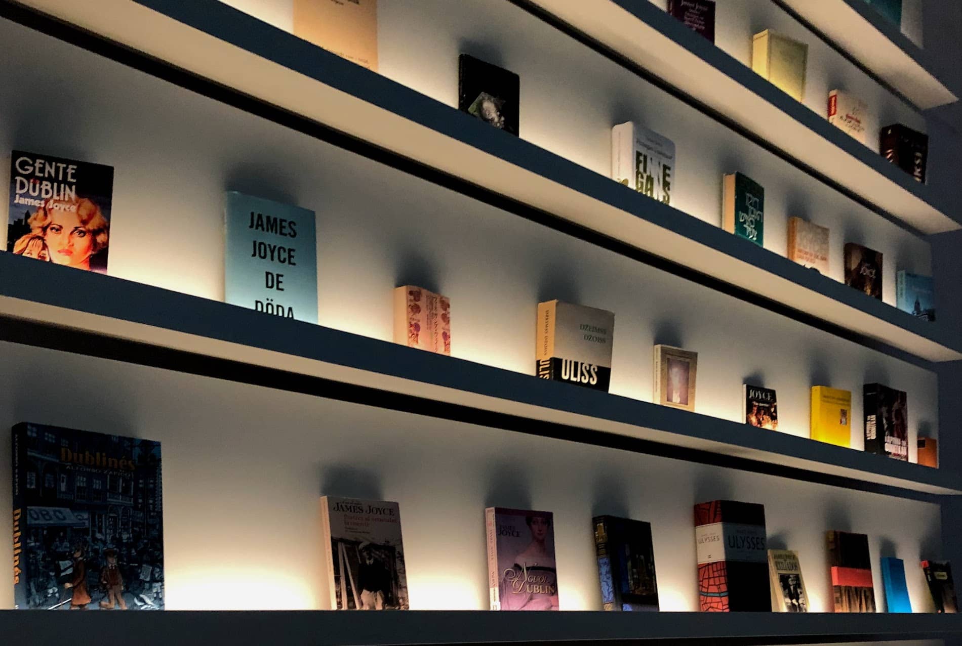 Display of James Joyce books in multiple languages at the Museum of Literature Ireland (MoLI), Dublin.