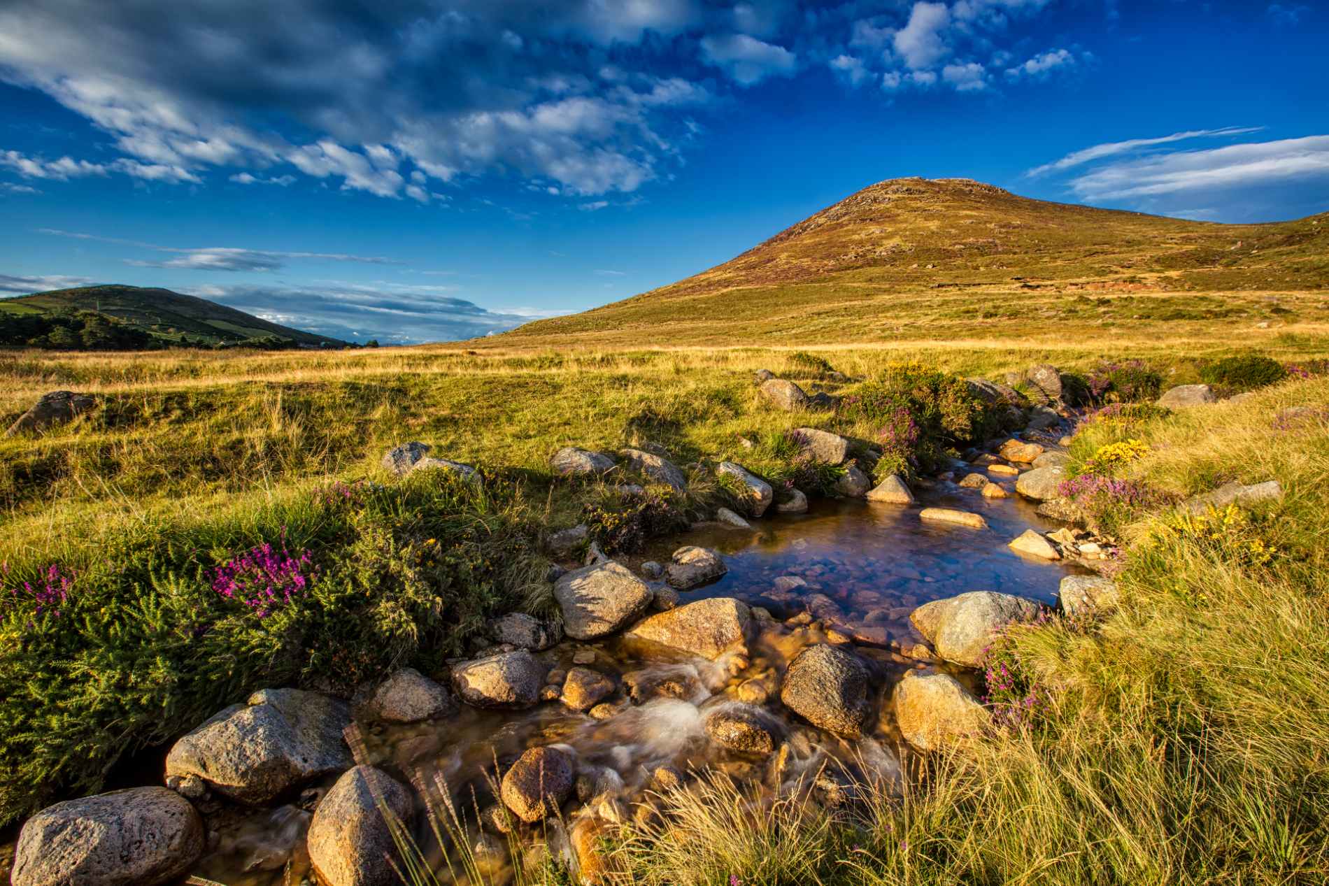 Grassy slopes and rocky stream in the Mourne Mountains, County Down, used in Game of Thrones filming.