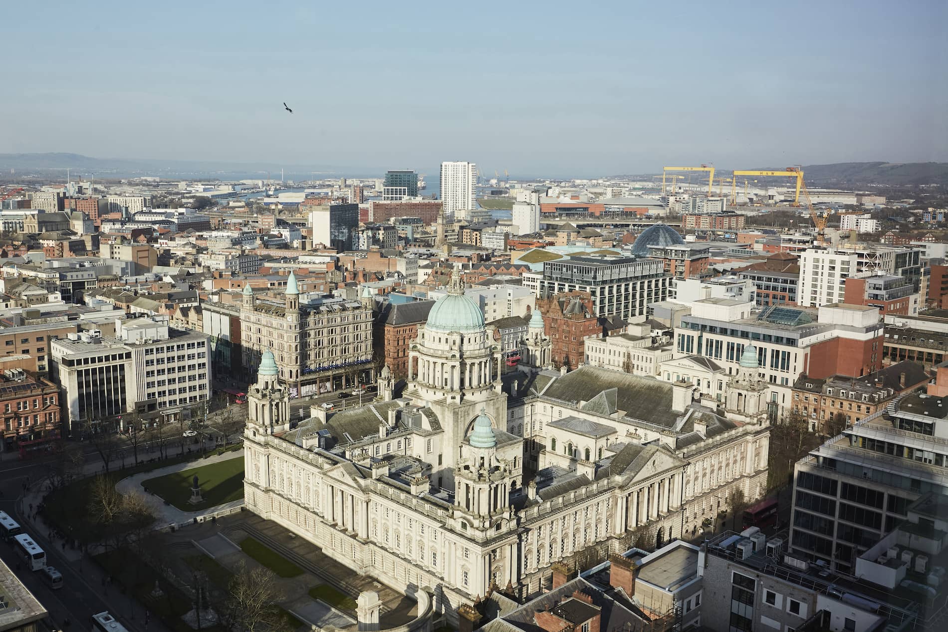Aerial view of Belfast City Hall and cityscape from the Observatory bar at the Grand Central Hotel.