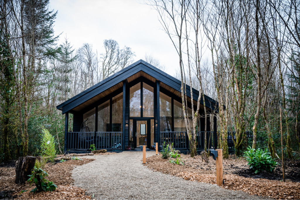 Modern Drumhierny Woodland Hideaway with A-frame glass front and gravel path nestled among tall woodland trees in Leitrim.