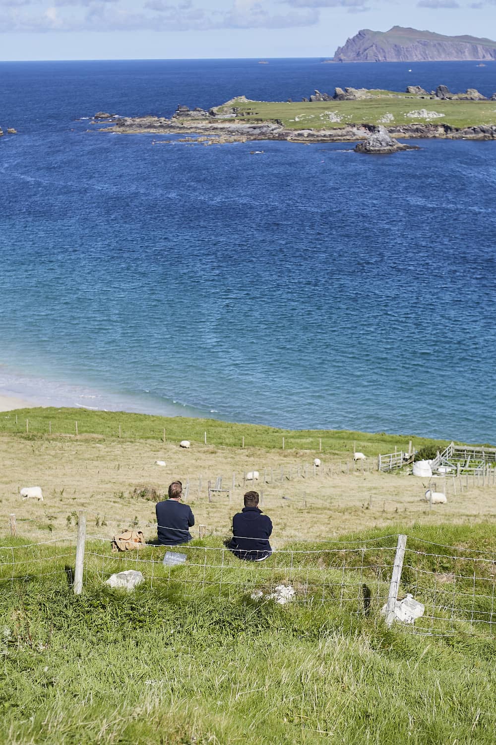 Two people sit on a hillside overlooking sheep-dotted fields and crystal-clear water off the coast of the Blasket Islands.