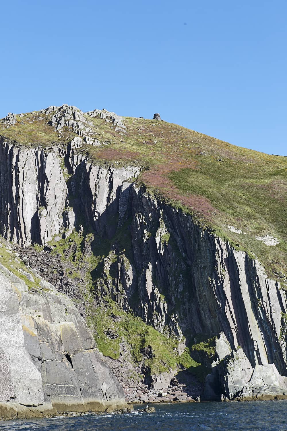 Sheer rock faces rise beneath a grassy hill dotted with wildflowers and heather near Slea Head on the Dingle Peninsula.