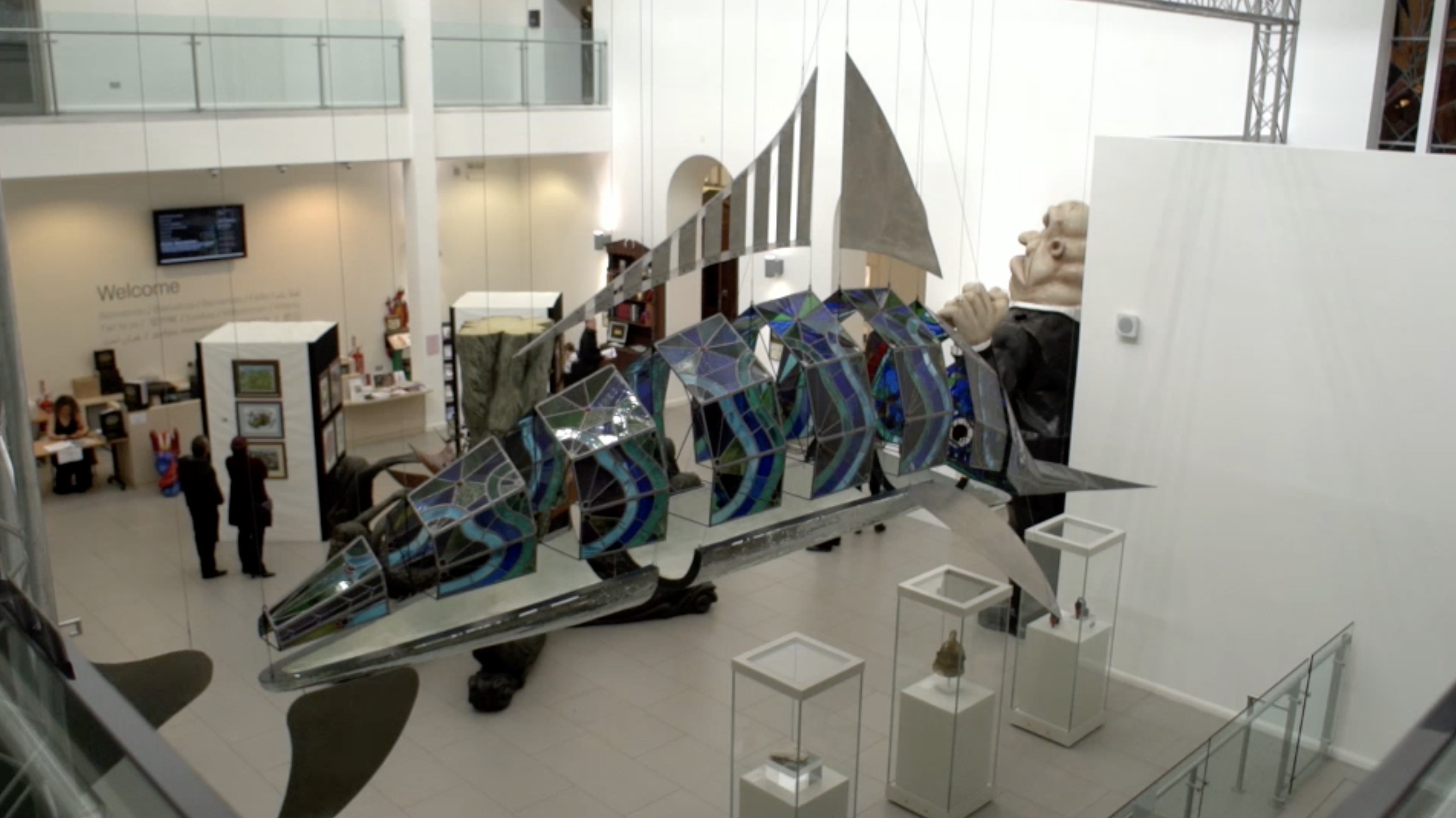 Large fish sculpture displayed inside the Ulster Museum in Belfast, Northern Ireland.