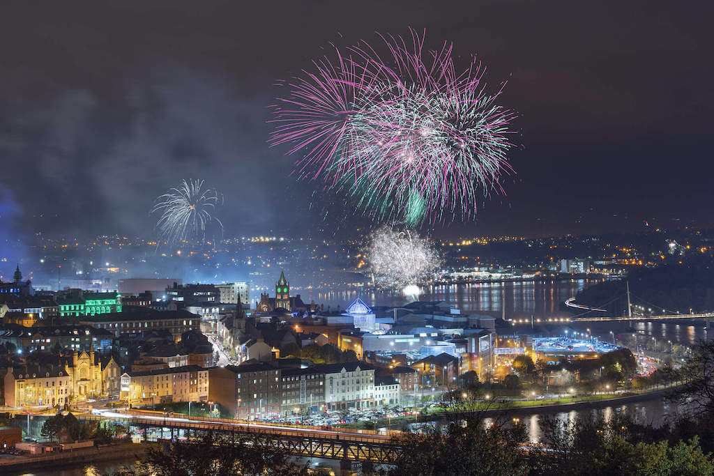 Fireworks above the River Foyle during the closing of Derry Halloween in Northern Ireland.