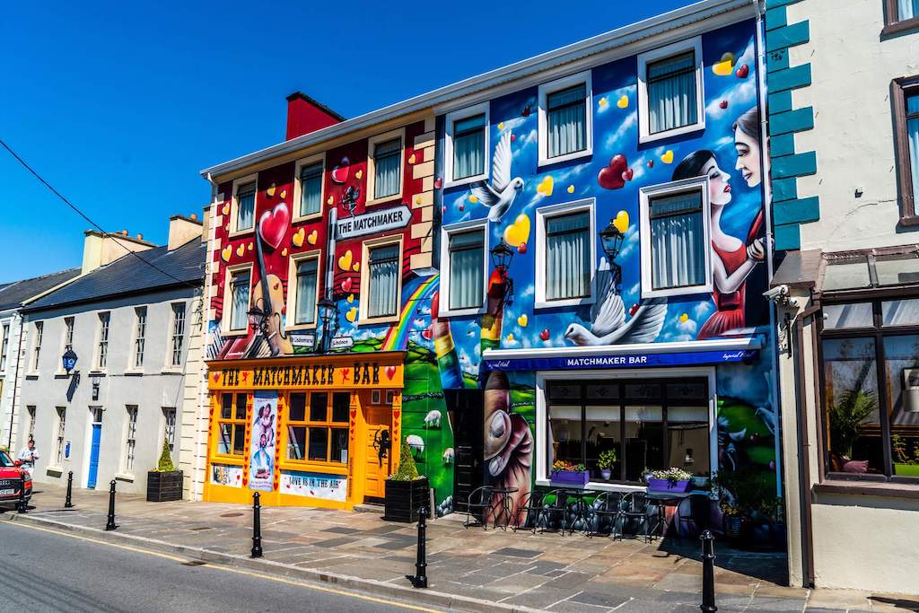 Colourful mural-covered Matchmaker Bar in Lisdoonvarna, County Clare, famous for its annual matchmaking festival.