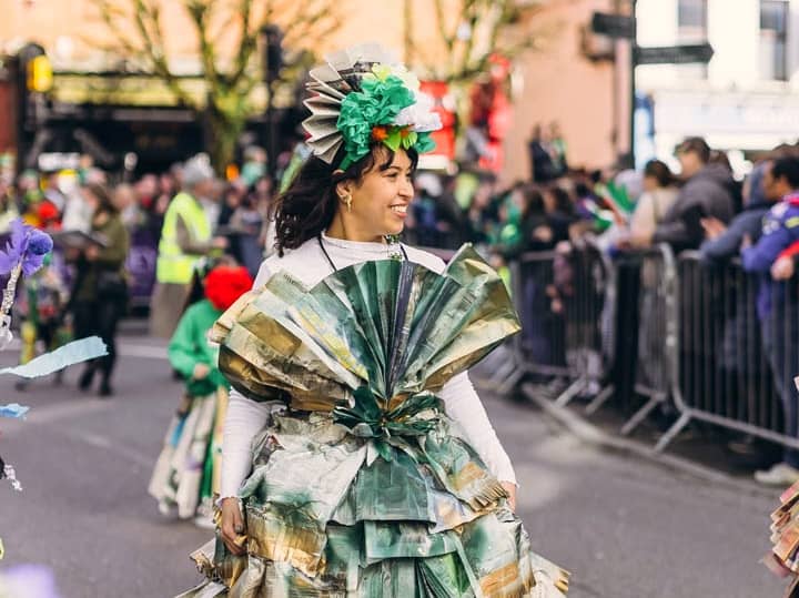 Creative street performer in recycled-style costume at Killarney’s St Patrick’s Day parade.