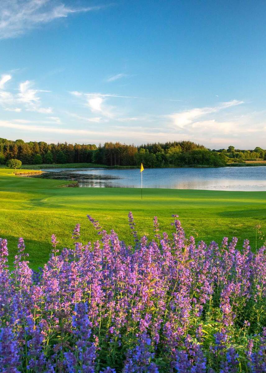 Scenic golf course green beside a lake with purple wildflowers in Ireland’s Hidden Heartlands.