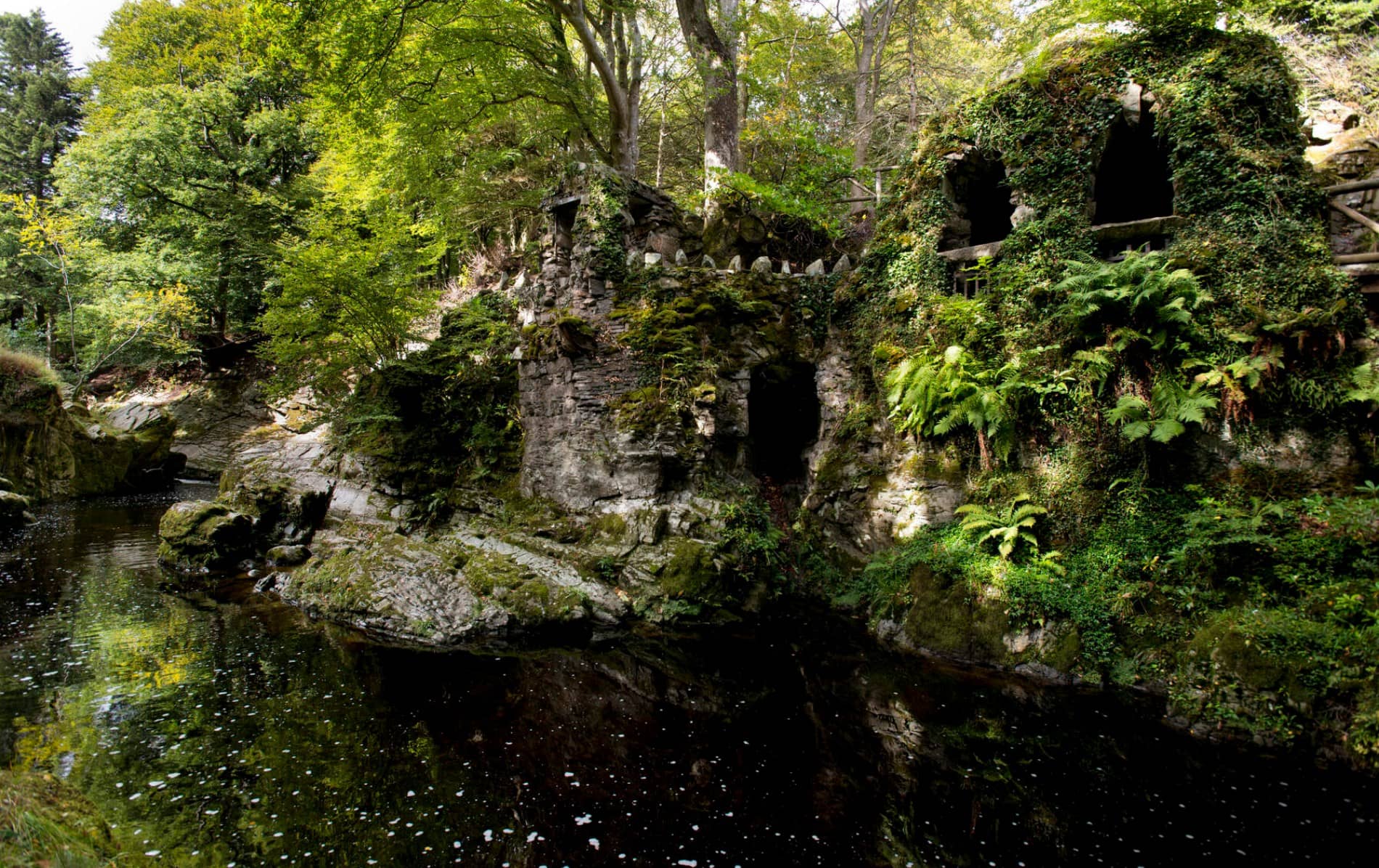 Ancient-looking stone grotto covered in moss and ferns beside a still stream in the Mourne Mountains, County Down.