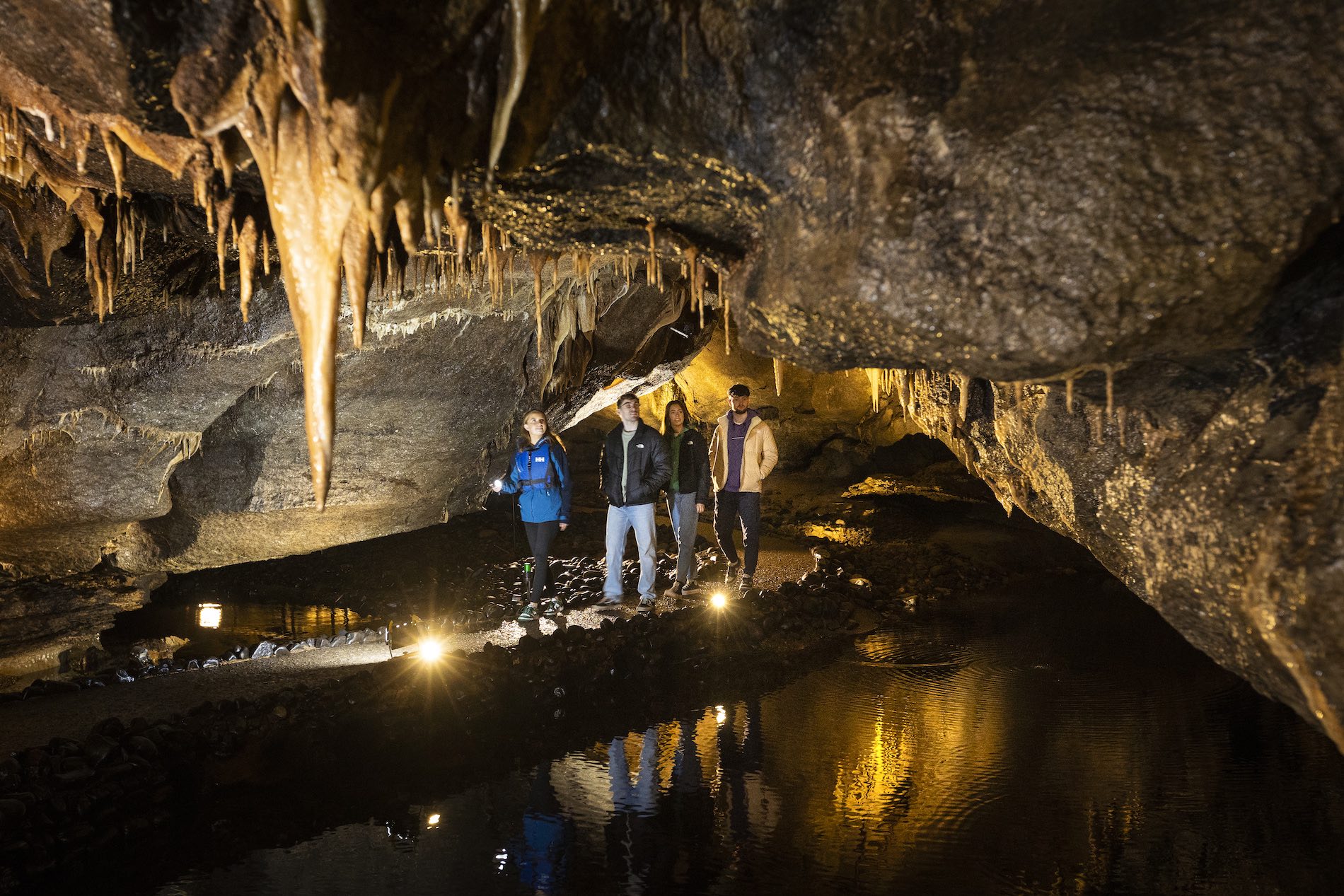 Group exploring a limestone cave with stalactites in Ireland, lit by warm lights reflecting on underground pools.