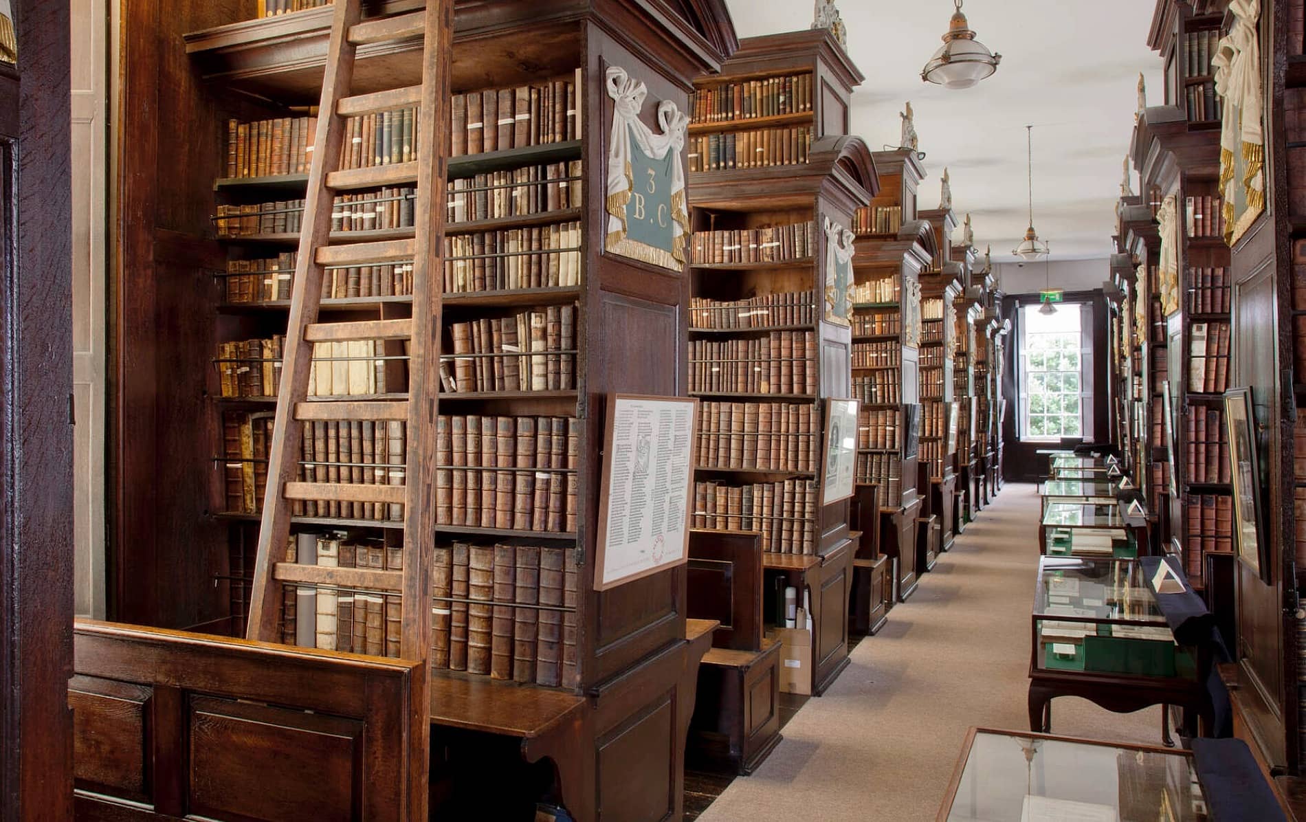 Interior of Marsh’s Library in Dublin with rows of antique books, wooden reading alcoves, and tall sliding ladders.