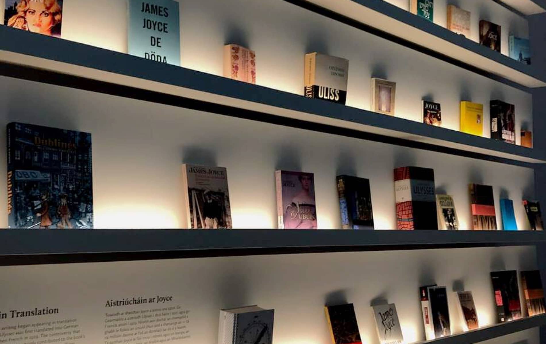 Books by and about James Joyce are spotlighted on modern shelves at the Museum of Literature Ireland (MoLI) in Dublin.