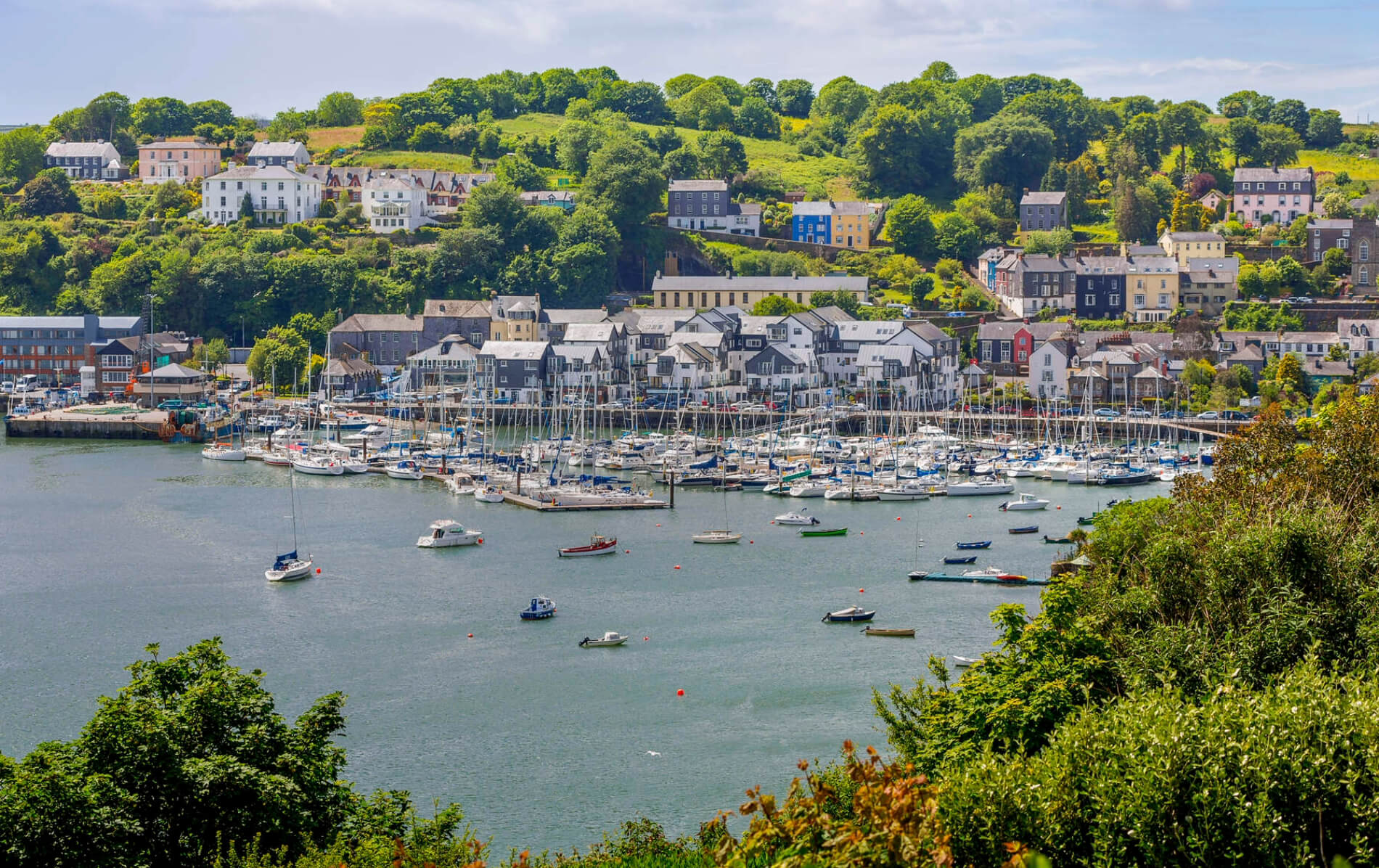 Sailboats fill the marina at Kinsale Harbour, surrounded by colourful houses nestled into the lush green hillside.
