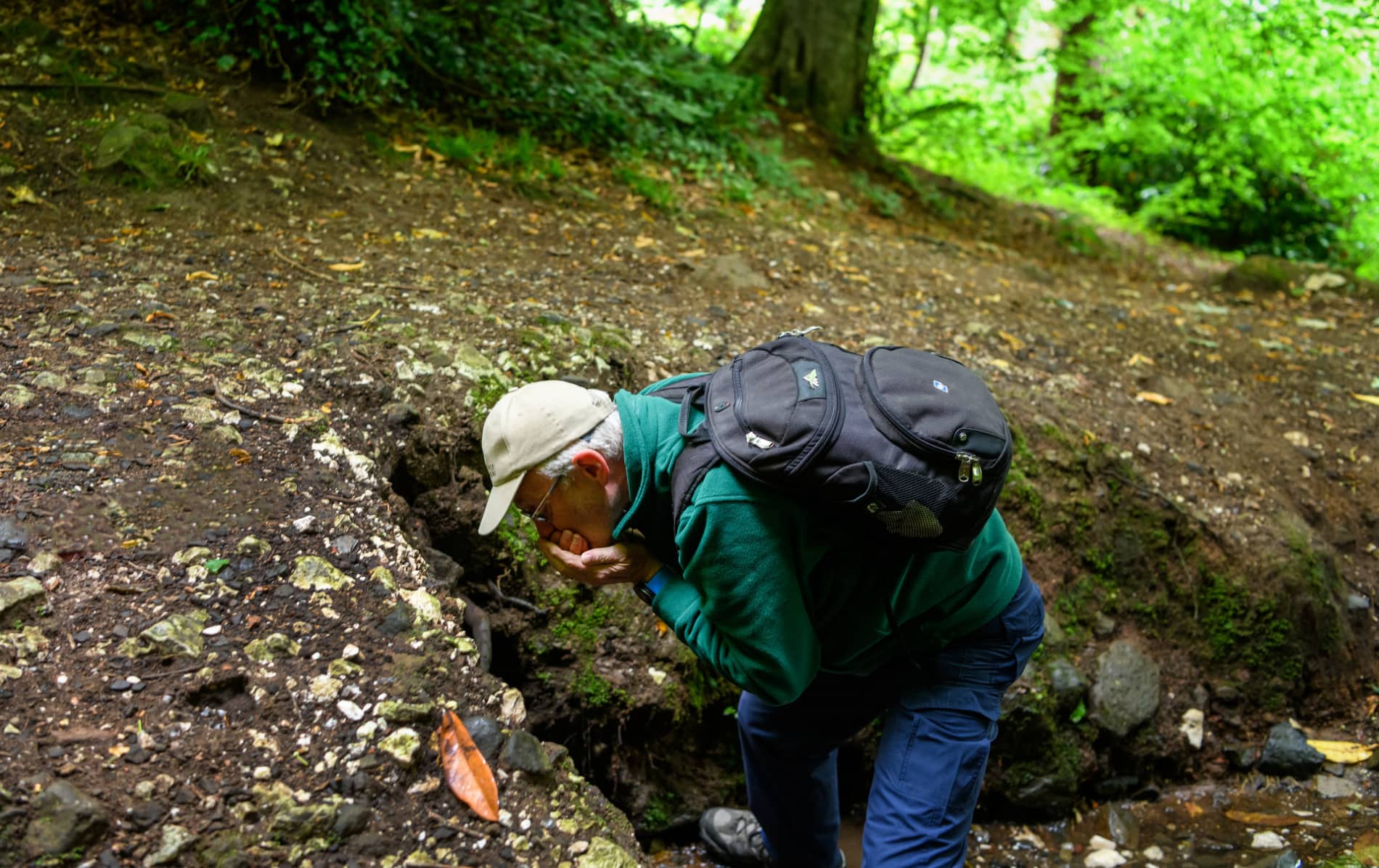 Walking guide cupping hands to drink fresh spring water on Cave Hill trail Belfast.