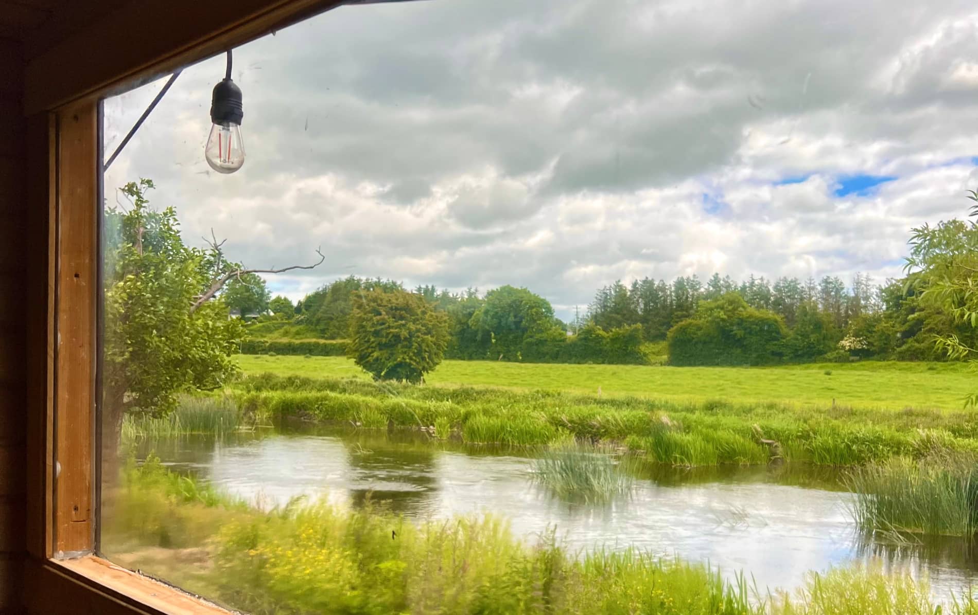 Modern wooden sauna cabin with large window reflecting clouds beside reeds and trees by lake.