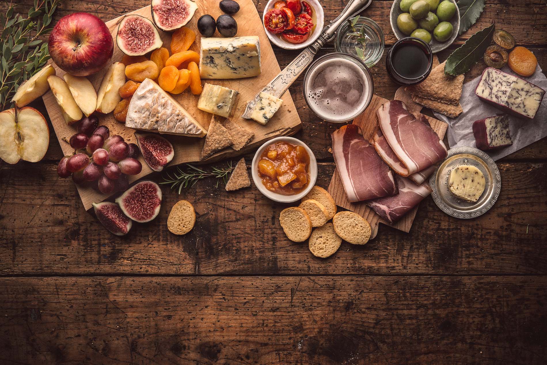 Charcuterie board with cheeses, figs, chutney and cured meats from Northern Ireland.