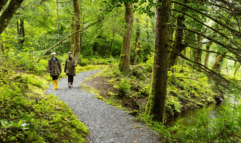 Two people in raincoats stroll a forest path beside a clear, winding stream at Ballynahinch Castle Hotel, County Galway.