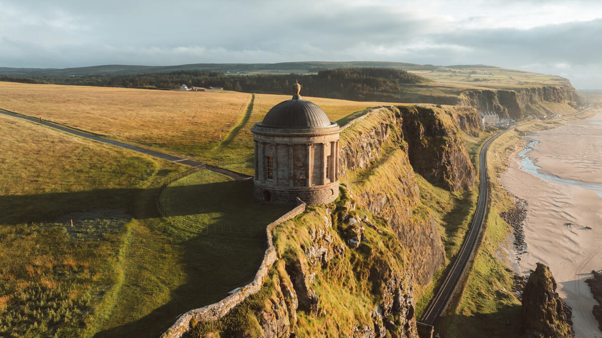Mussenden Temple on cliffs above Downhill Strand on the Causeway Coast, County Londonderry.