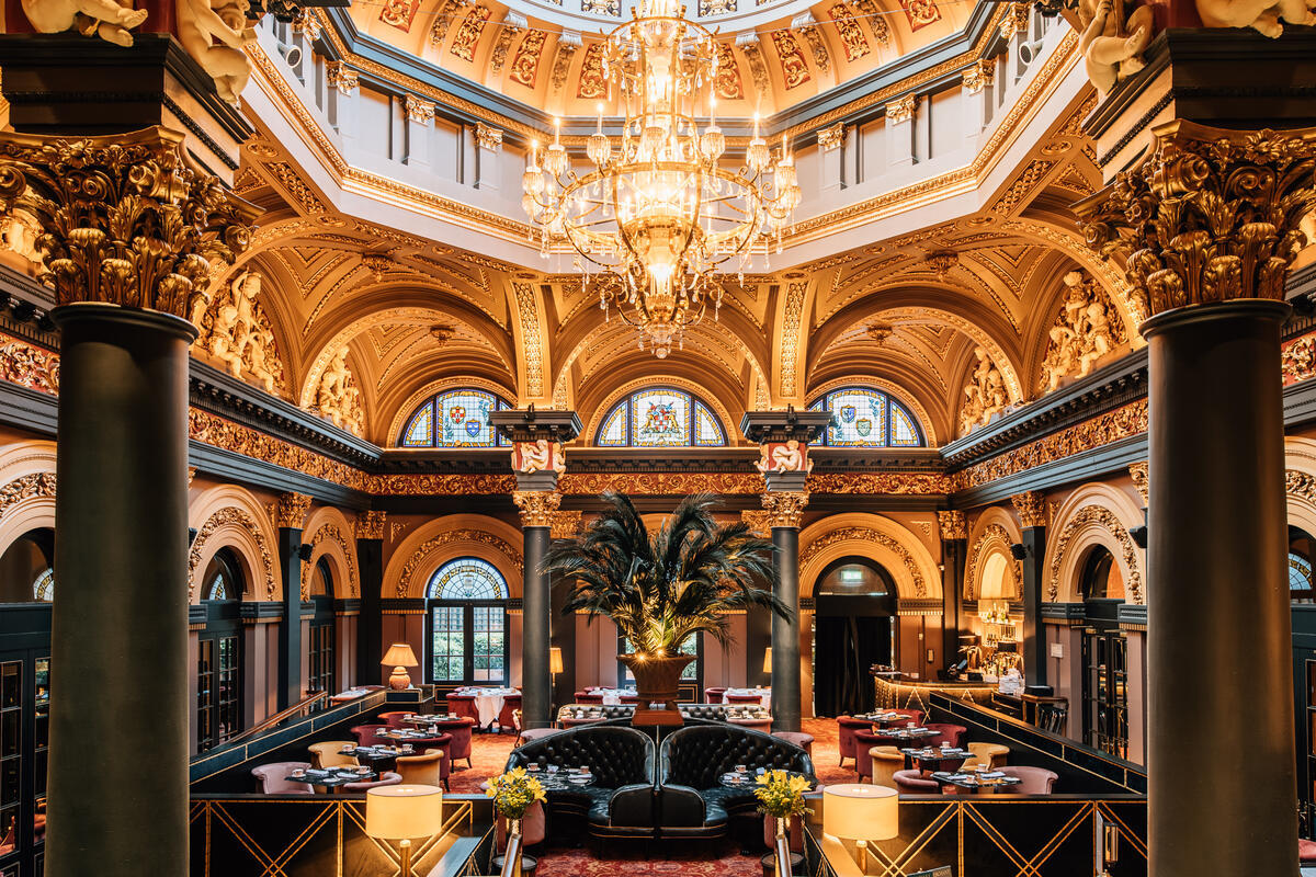 Grand dining room beneath the glass dome of The Merchant Hotel in Belfast.