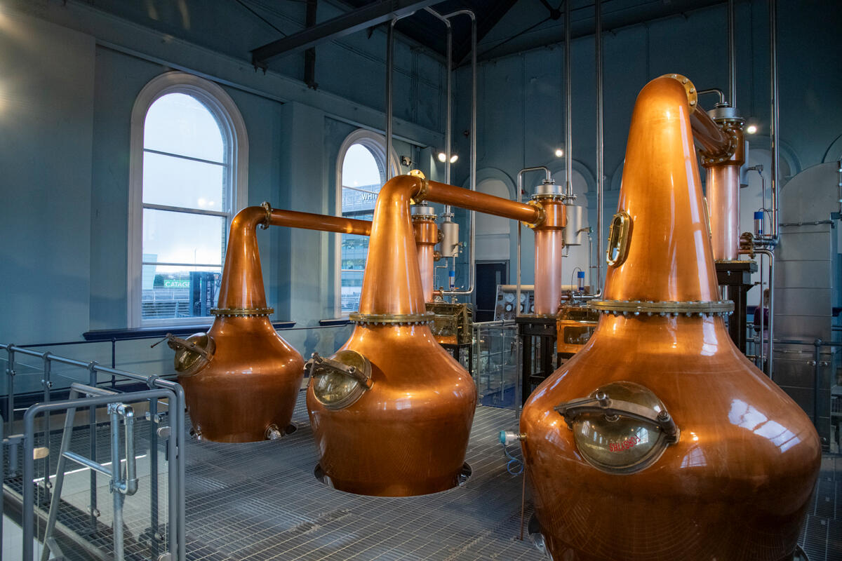 Copper stills inside Titanic Distillers at Thompson Dock in Belfast.