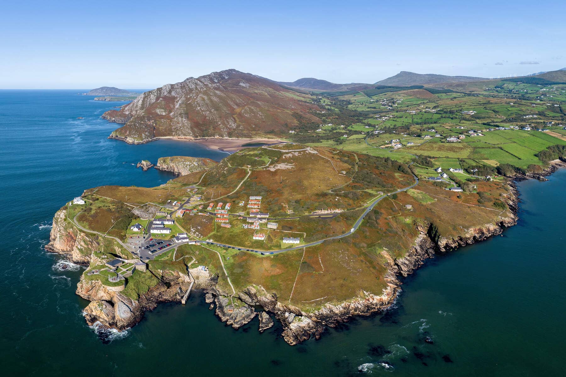 Aerial view of Fort Dunree and rugged headland overlooking the sea near Buncrana, County Donegal.